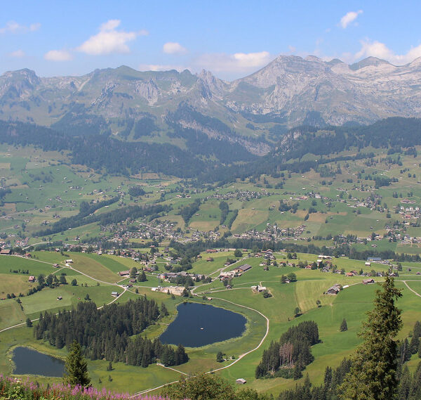 Schwendisee: Idyllische Seenlandschaft mit Bergen und grünen Wiesen in der Schweiz.