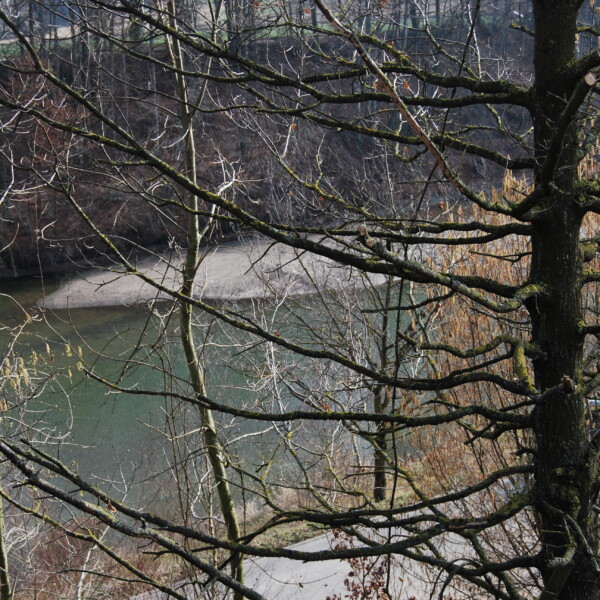 Fluss Sonnaz durch Bäume im Winter gesehen.