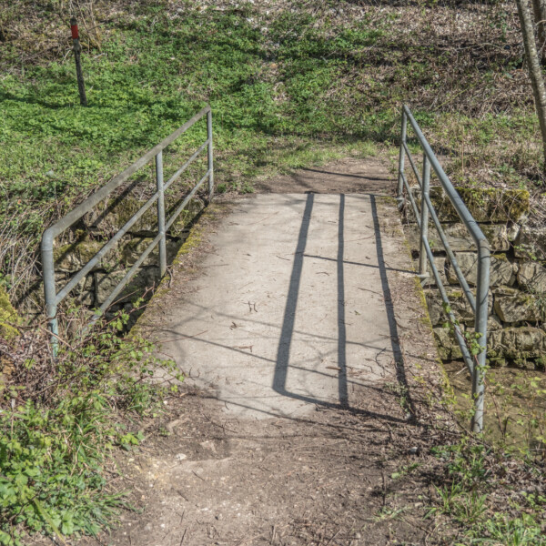 Brücke über den Stegbach mit Metallgeländer in grüner Landschaft.