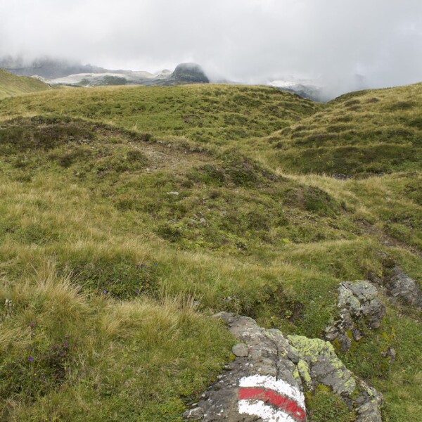 Wanderwegmarkierung am Tannensee in den Schweizer Alpen bei Nebel.