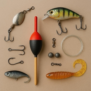 Testprodukt: Angelköder, Haken, Pose, Gewichte und Schnur auf beigem Hintergrund