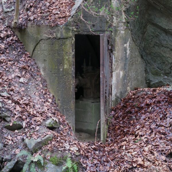 Betonierter Eingang zu einem alten Gebäude am Töbelibach (Lutzenberg), umgeben von Laub.
