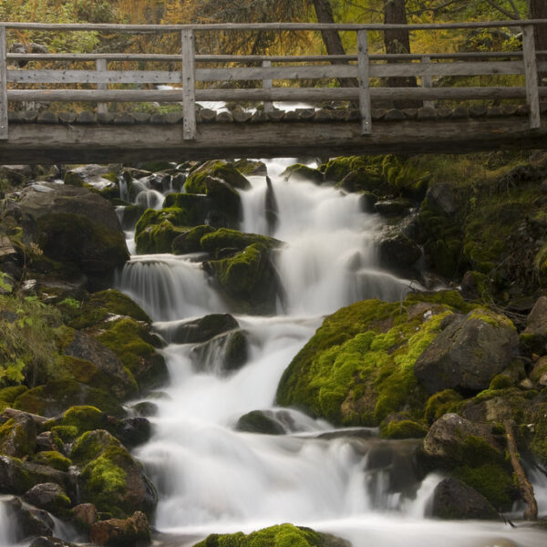 Holzbrücke über den Torrent des Moulins Wasserfall mit moosbedeckten Felsen.