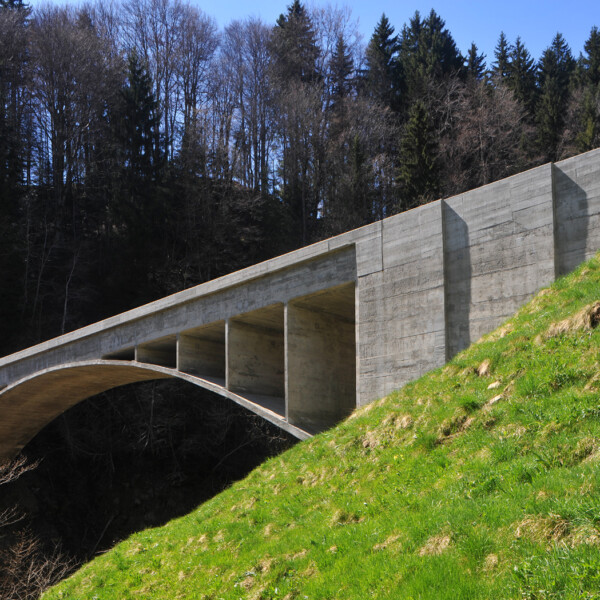 Betonbogenbrücke Traubach vor bewaldetem Hügel, grüne Wiese im Vordergrund.
