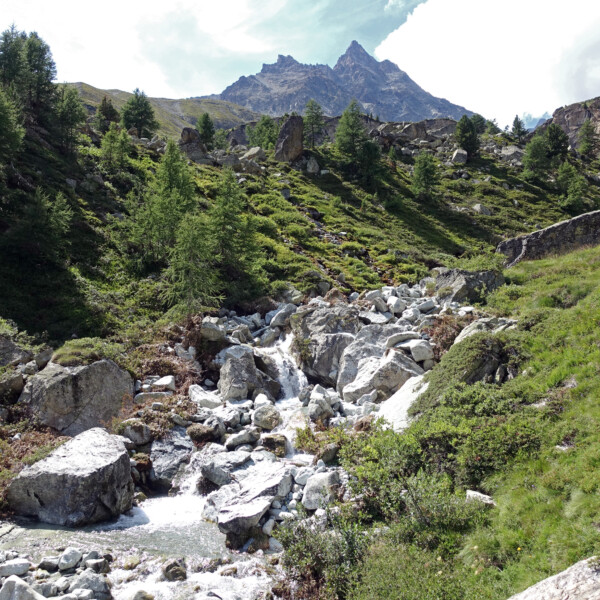 Triftbach bei Zermatt: Berglandschaft mit Bachlauf und Felsen.
