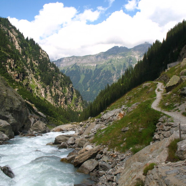 Fluss Triftwasser in den Schweizer Alpen, umgeben von Bergen und grünen Wäldern