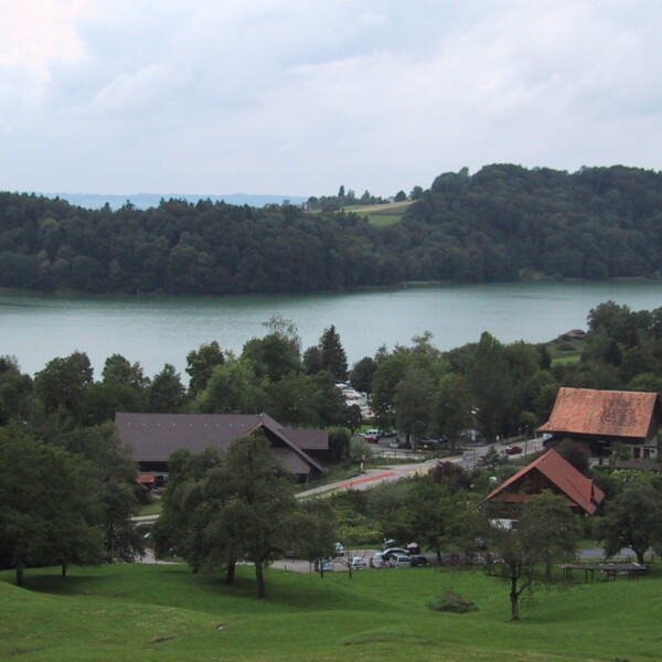 Türlersee-Landschaft mit Häusern am Ufer und bewaldeten Hügeln im Hintergrund.