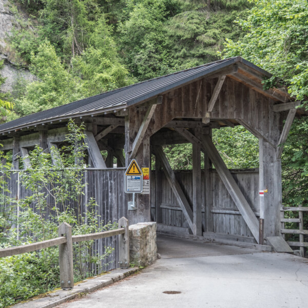 Gedeckte Holzbrücke über Ual da Reischen, umgeben von üppigem Grün.