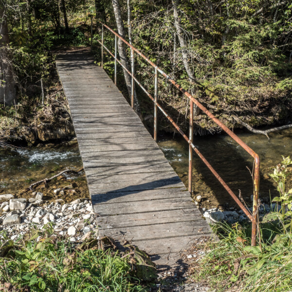 Holzbrücke über den Bach in Warme Sense. Rustikale Brücke mit Geländer im Wald.