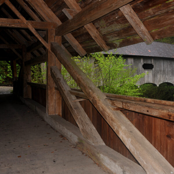 Gedeckte Holzbrücke über den Wattbach (Sitter) mit Blick auf Grün