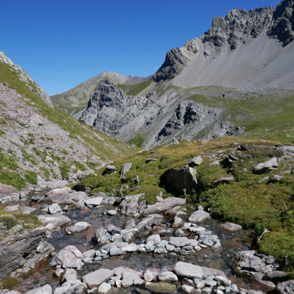 Welschtobelbach Gebirgsbach mit Felsen und grüner Landschaft in den Alpen.