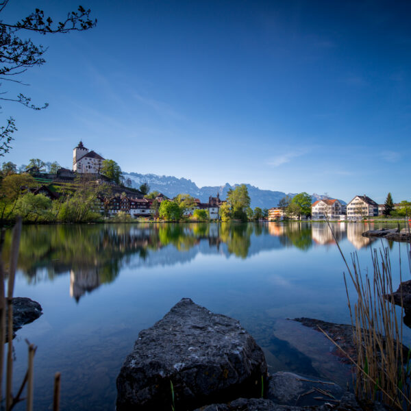 Werdenbergersee mit Schloss Werdenberg Spiegelung im ruhigen Wasser.
