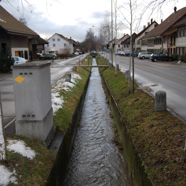 Wiesenbach-Kanal in einer Schweizer Ortschaft mit Häusern und Bäumen.