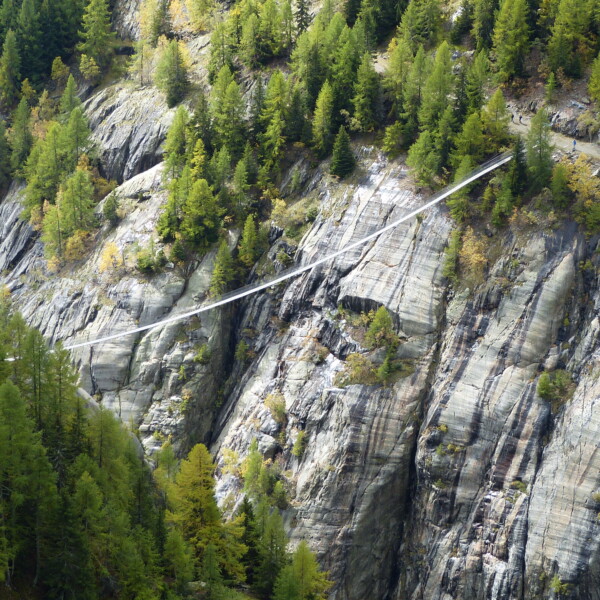 Hängebrücke Wysswasser über eine tiefe Schlucht mit Felsen und Bäumen.