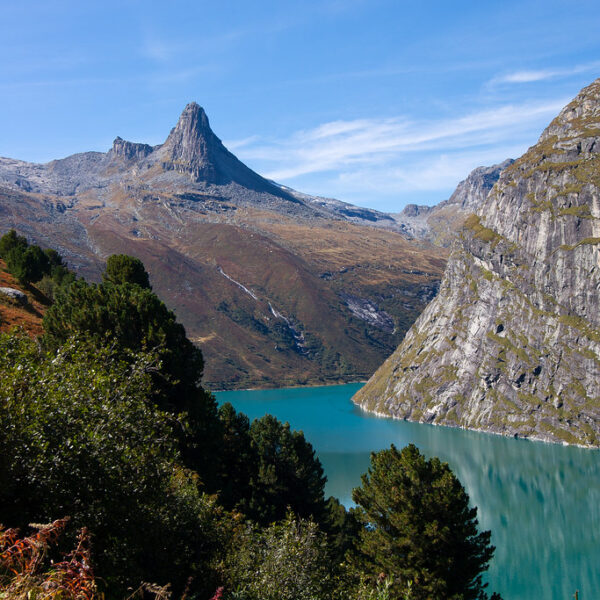 Türkisblauer Zervreilasee mit Bergpanorama und bewaldeten Ufern