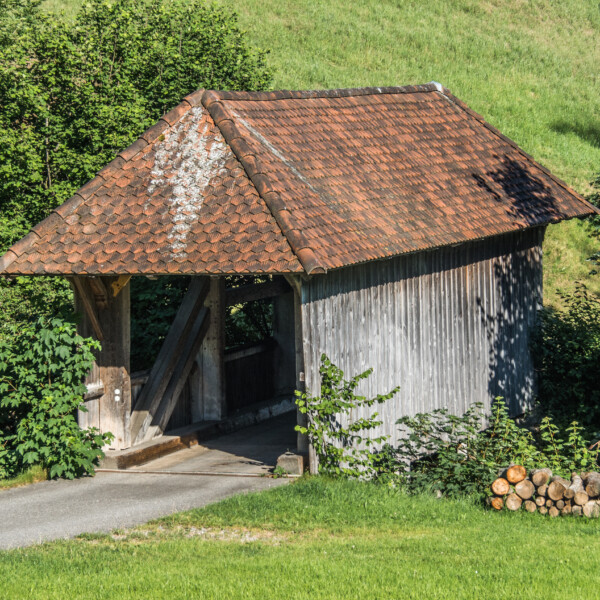 Gedeckte Holzbrücke in Zungbach, umgeben von Grün.