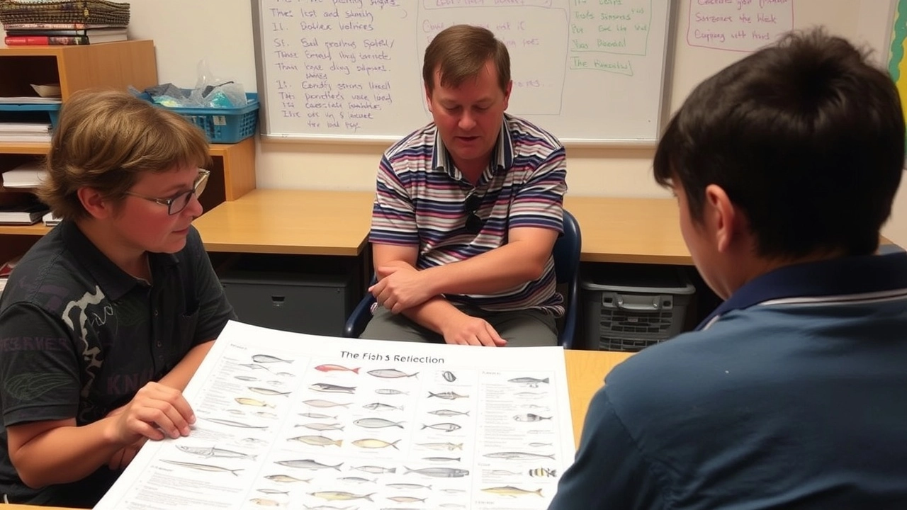 Diskussion über Fischarten in Graubünden: Mann und zwei Personen betrachten eine Fischtafel.