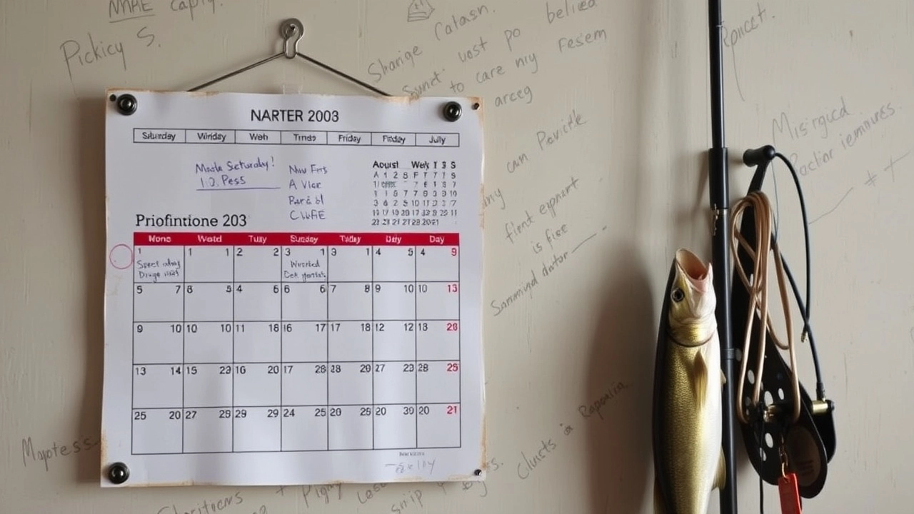 Kalender mit Notizen, Fisch an der Wand. Notizen: "Narter 2003", "Maste Saturday!", "Priofintione 203