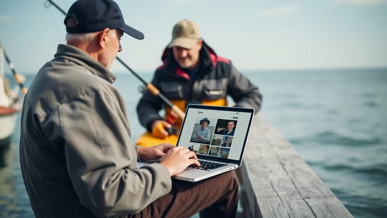 Angler nutzt Laptop am Wasser, während ein Freund angelt. WordPress-Lösungen für Angler?