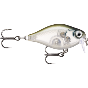 X-Light Crank Shallow Runner 3.5cm, 4g, FNCS03 GHSH: Angelköder mit zwei Drillingen, klarem Körper und grün/silberner Oberseite.