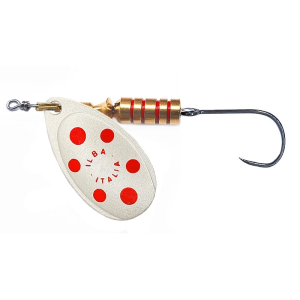 Tondo pearl/red N°0, 2g Angelköder mit Einzelhaken ohne Widerhaken.