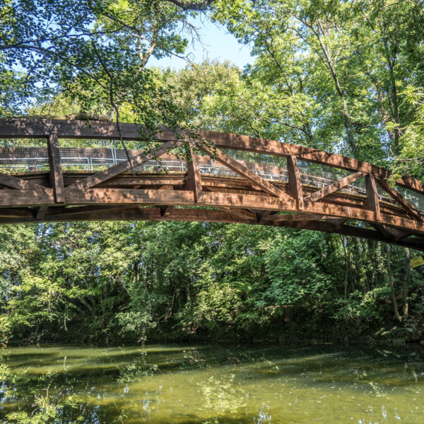 Holzbrücke über den Fluss Areuse, umgeben von üppigem Grün.