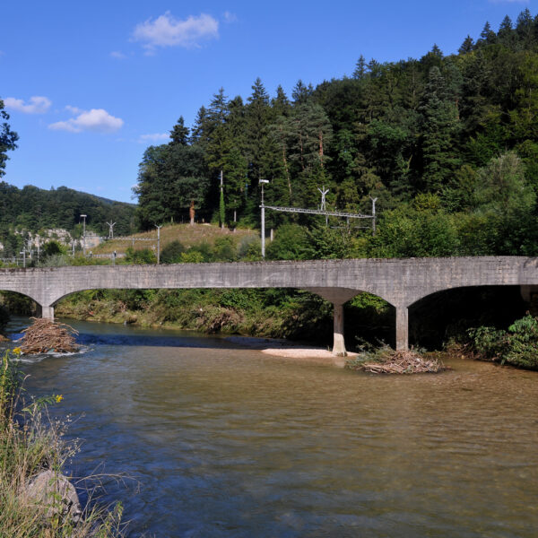 Brücke über die Birs, umgeben von üppigem Grün und Bäumen unter blauem Himmel.