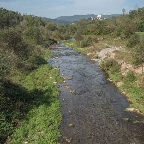 Fluss Bünz schlängelt sich durch grüne Landschaft. Hügel und ein Gebäude im Hintergrund.