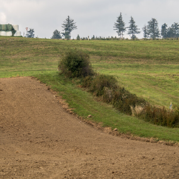 Gepflügtes Feld in Bünz, Schweiz, mit grünen Hügeln und Bäumen im Hintergrund.