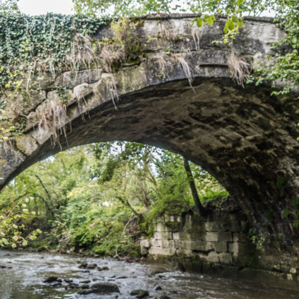 Steinbrücke über den Fluss, bewachsen mit Efeu. Carrouge.