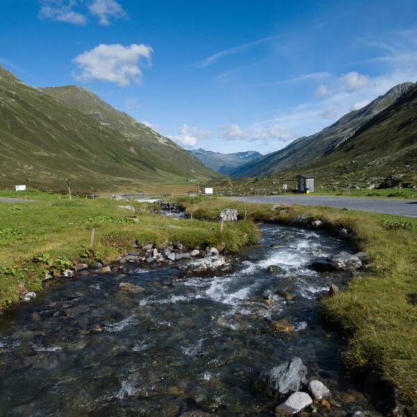Fließender Dischmabach in grüner Alpenlandschaft mit Bergen und blauem Himmel.