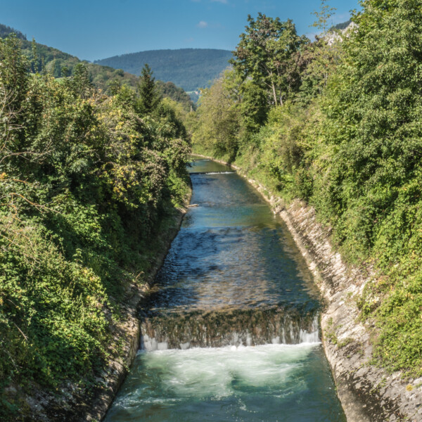 Fluss Dünnern mit kleinem Wasserfall, umgeben von grüner Natur und Bäumen.