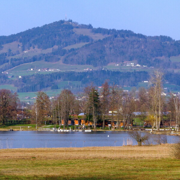 Egelsee in Bubikon mit See, Häusern und dem markanten Berg im Hintergrund.