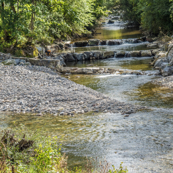 Emme Flusslauf mit Steinen und Bäumen an den Ufern.