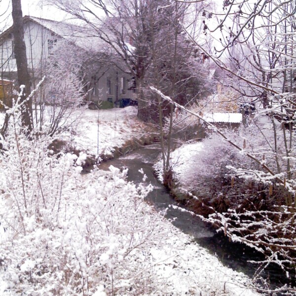 Winterliche Eulach: Bachlauf durch verschneite Landschaft mit Bäumen und Häusern.