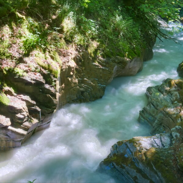 Tosende Flem-Schlucht mit moosbedeckten Felsen und üppigem Grün.