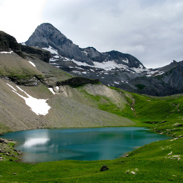 Flueseeli See in den Schweizer Alpen mit grünen Wiesen und schneebedeckten Bergen.