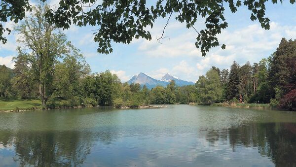 Giessenparksee Panorama mit Bäumen und Bergen im Hintergrund. Ruhige Wasseroberfläche.