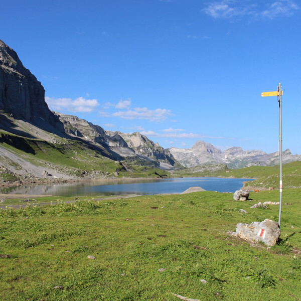 Glattalpsee Bergsee mit gelbem Wegweiser und grüner Wiese im Schweizer Alpengebiet.