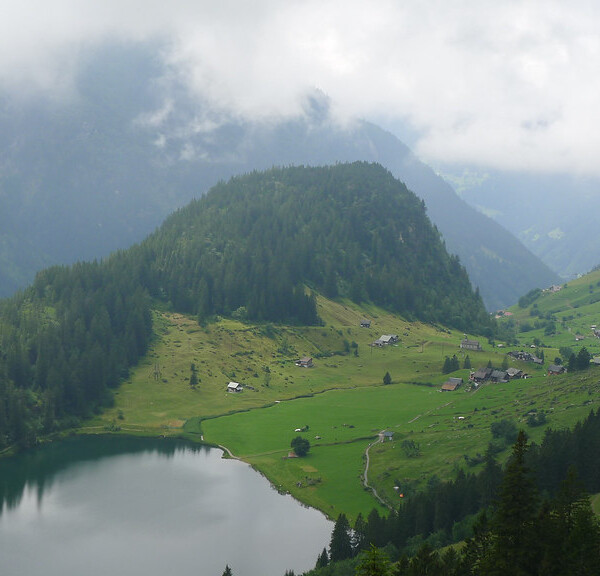 Golzernsee in den Schweizer Alpen: Bergsee umgeben von grünen Hügeln und Wäldern.