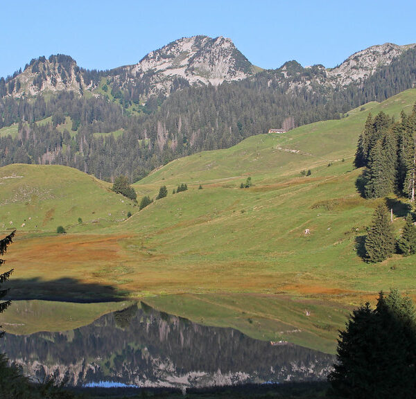 Gräppelensee mit Spiegelung der Berge und grünen Hügeln im Wasser.