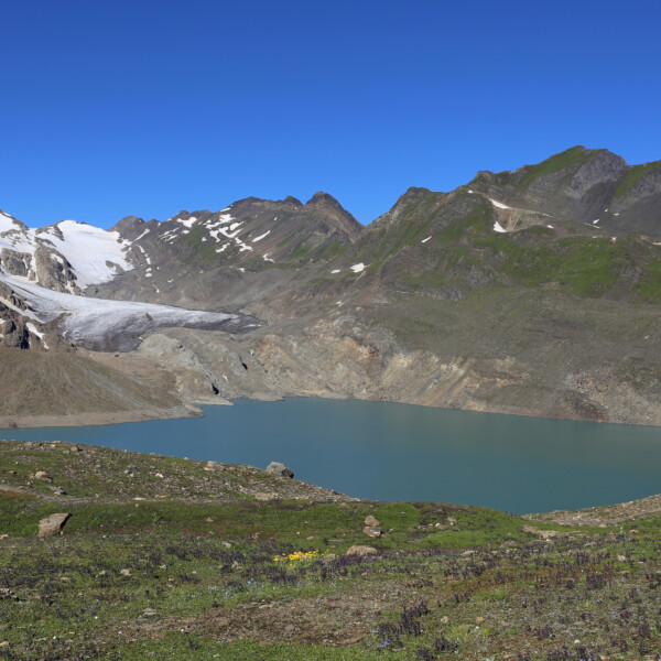 Griessee: Alpiner See mit Gletscher vor Bergkulisse unter blauem Himmel.