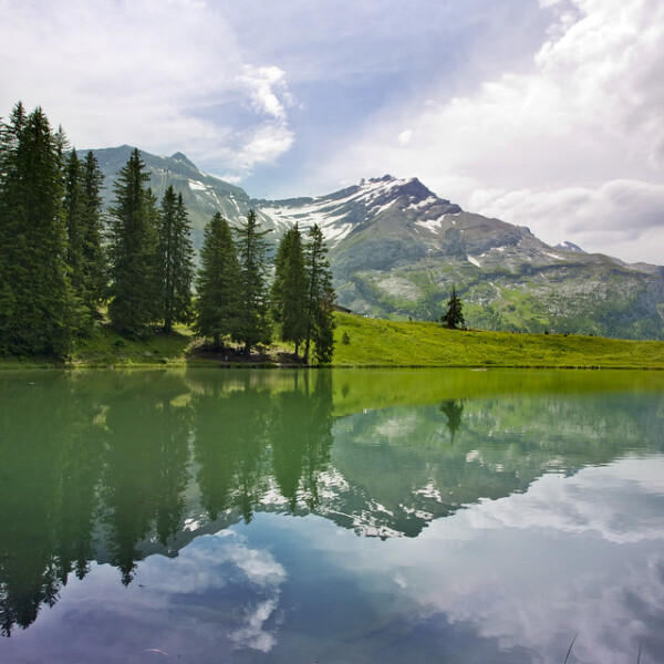 Lac Retaud Spiegelung mit Bergen und Bäumen