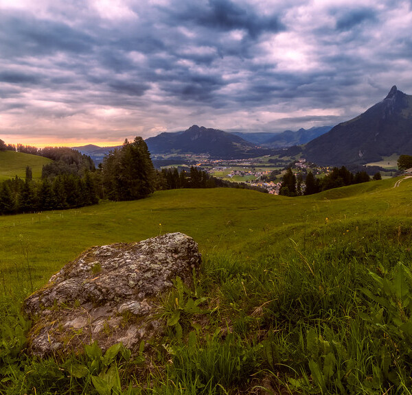 Grüne Landschaft mit Blick auf den Lac de Mongeron und die Berge unter bewölktem Himmel.