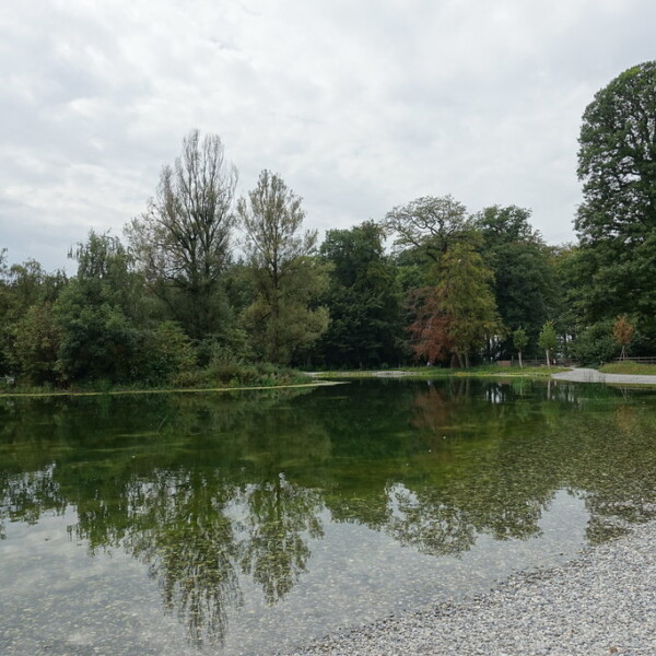 Lac de Sauvabelin: Ruhiger See mit Spiegelung der Bäume und Uferbereich mit Kies