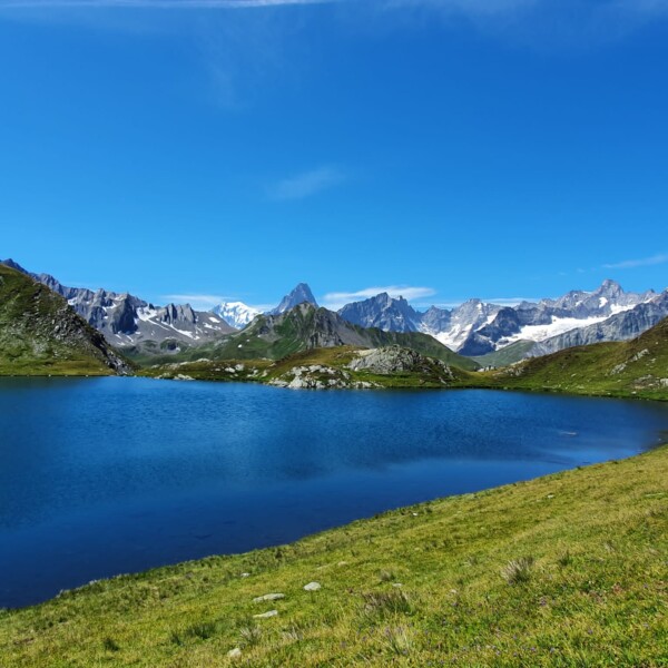 Lacs de Fenêtre: Bergsee mit grünen Ufern und schneebedeckten Gipfeln unter blauem Himmel.