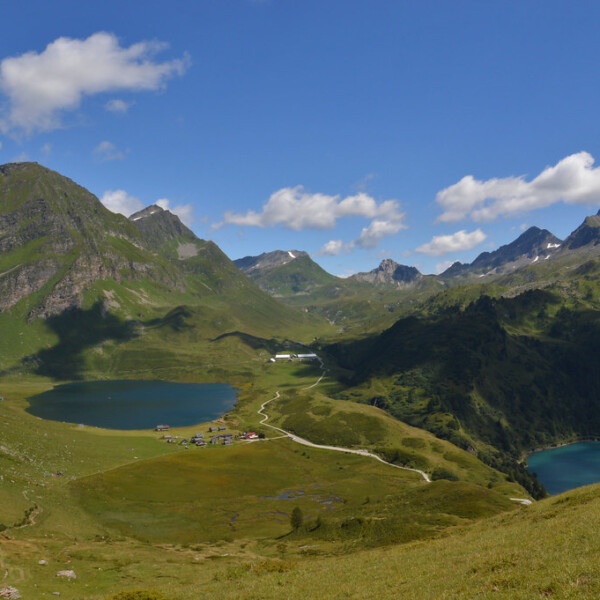 Lago Cadagno: Bergsee in den Schweizer Alpen mit grünen Wiesen und blauem Himmel.