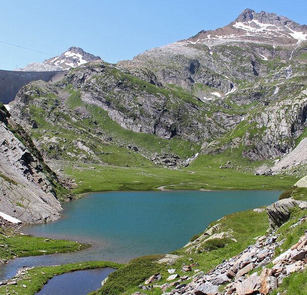 Lago dei Cavagnöö, ein Bergsee in den Alpen mit grünen Wiesen und schneebedeckten Gipfeln.