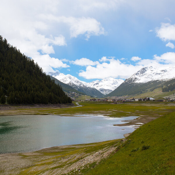 Lago di Livigno: Türkisfarbener See mit schneebedeckten Bergen und grünen Ufern.