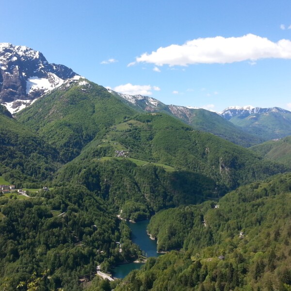 Lago di Palagnedra: Panorama mit See, Bergen und grünen Wäldern im Tessin.